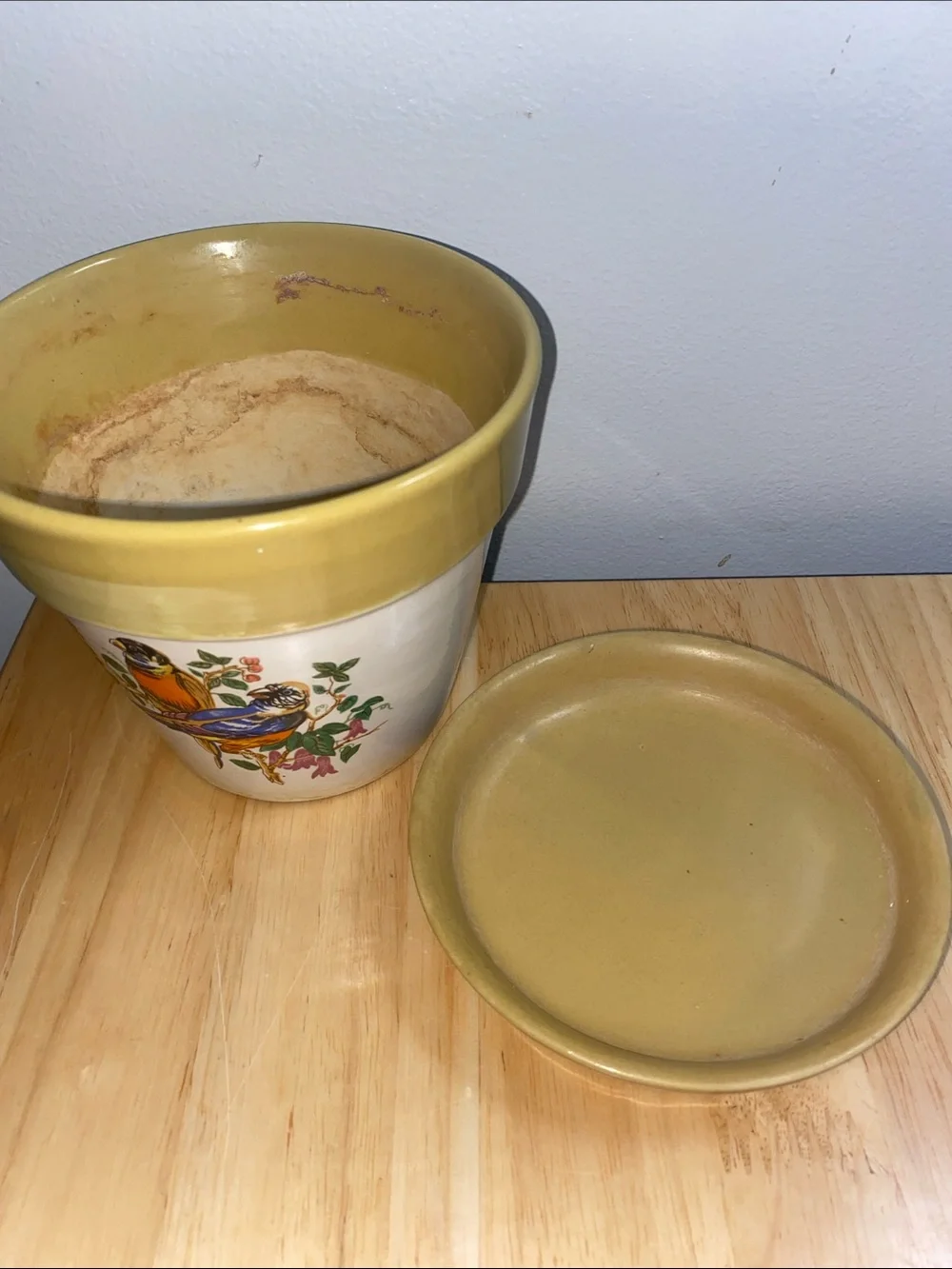 VTG Stoneware Flower Pot with Bird Motif - Yellow Trim, made in Korea